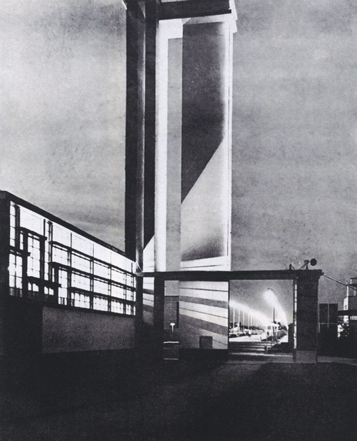 The Artificial Fertilizer Pavilion, designed by Szymon Syrkus, at the Nationwide Exhibition in Poznań, 1929 photo: reproduction of a drawing from 'Praesens' magazin, 1929, no.1,p.71
